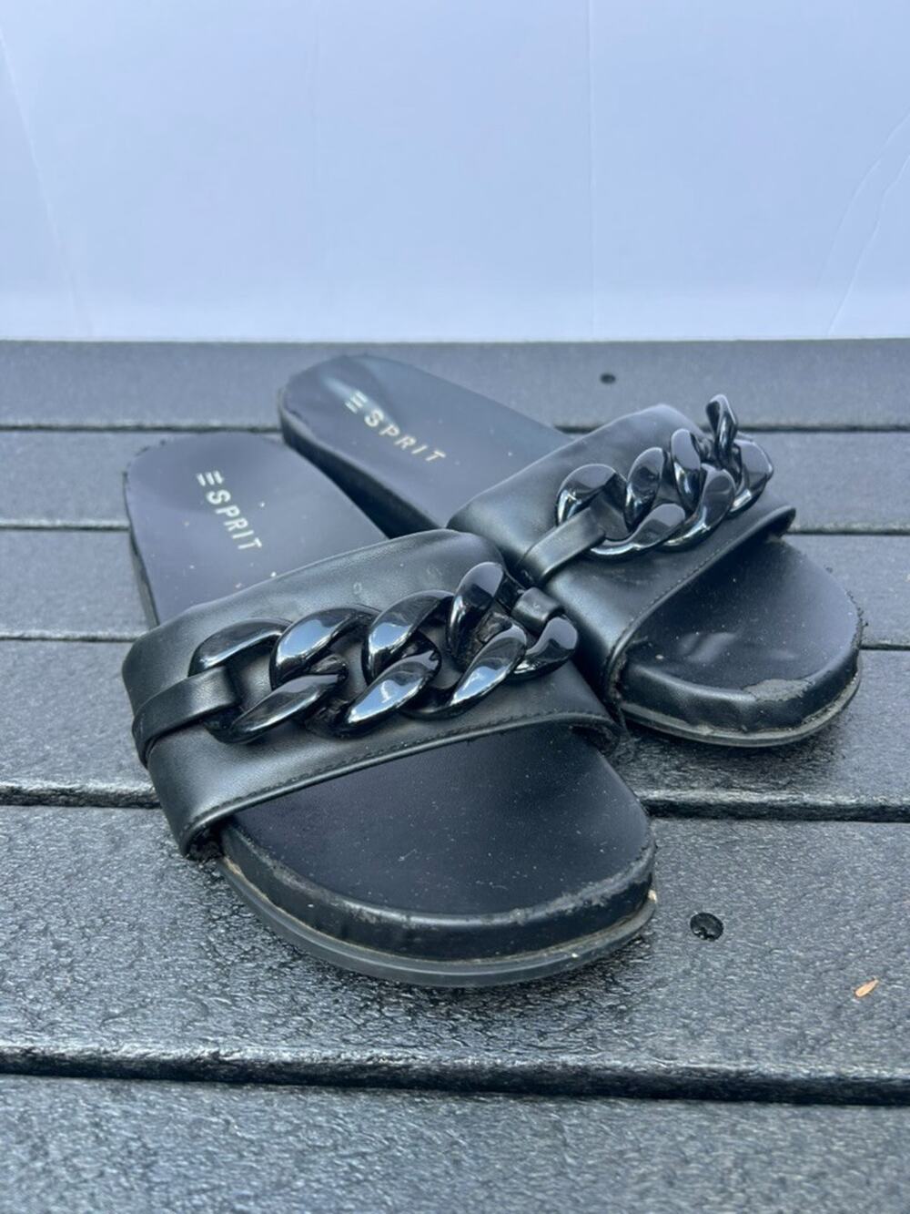 Esprit Della Womens Black Chain Link Slide Sandals Flat Slip On Casual sz 8